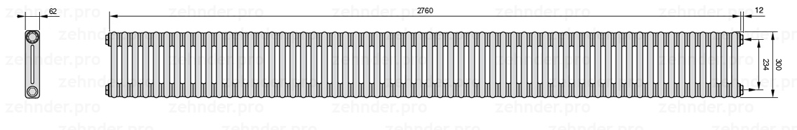Схема (чертеж) Радиатор Zehnder Charleston 2030/60 №7610 Белый глянцевый RAL 9016